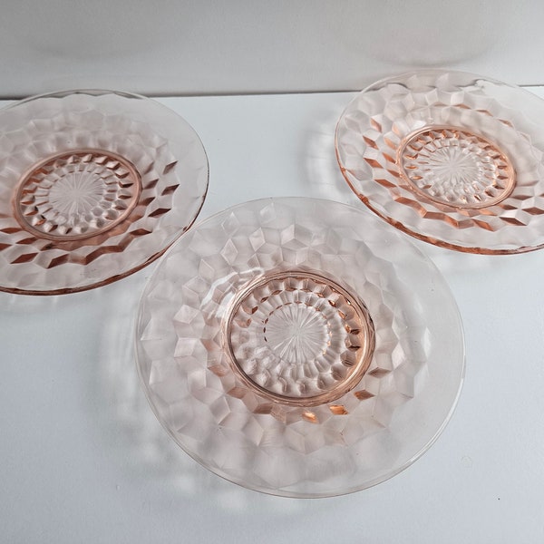 Vintage Jeannette Glass Pink Depression Cubist Saucer Plates Set of 3