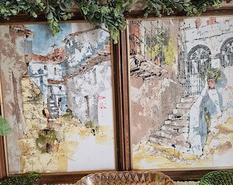 Set Of 2 Vintage Bernard Dufour Paintings Screen Print Wall Hangings