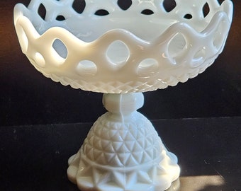Vintage Imperial Glass Lace Edge Milk Glass Pedestal Compote