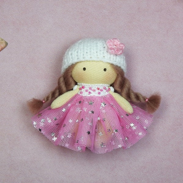 Little doll Pink dress Textile doll Rose flower Mini doll Baby doll Handmade rag doll Unique doll Little flower Pink toy K69