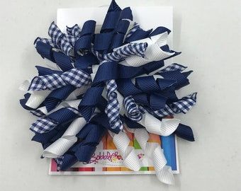 Pair of Navy and White Gingham Checked 3 inch Curly Corkers on White Elastics