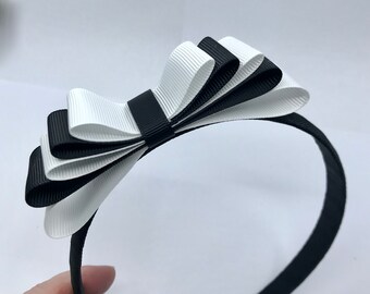 Black Hairband with Black and White 5 inch 5 Layered Straight Bow