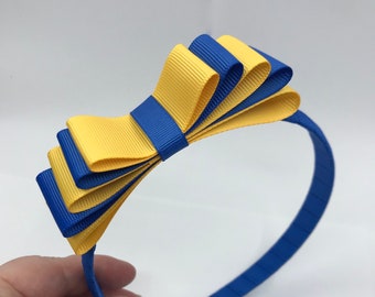 Royal Blue Hairband with Royal and Yellow Gold 5 inch 5 Layered Straight Bow