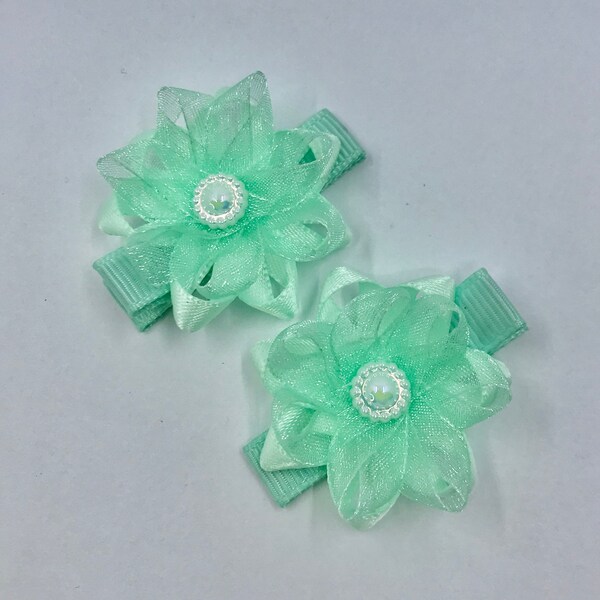 Baby Mint Green Chiffon Flower Baby Bow with Pearl Centre Hair Clips (pair)