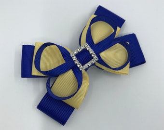 Cobalt Blue and Pale Yellow Double Layer Bow with Loops on Clip