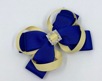 Cobalt Blue Double Layer Bow with Pale yellow (Chamois) Loops on Clip