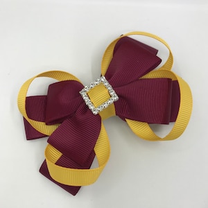 Wine Double Layer Bow with Yellow Gold Loops on Clip