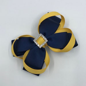 3 and a half inch Navy Double Layer Bow with Yellow Gold Loops and Square Diamond Buckle on Clip