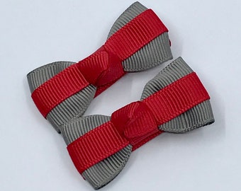 Itty Bitty Red and Grey Bow on Clips (pair)