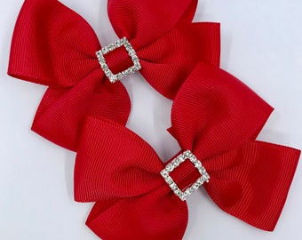 Red Classic Double Bows with Square Diamond Buckle on Clips (pair)