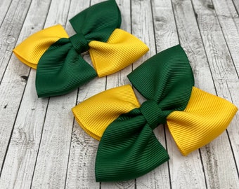 Forest Green and Yellow Gold Square Double Bows on Clips (pair)