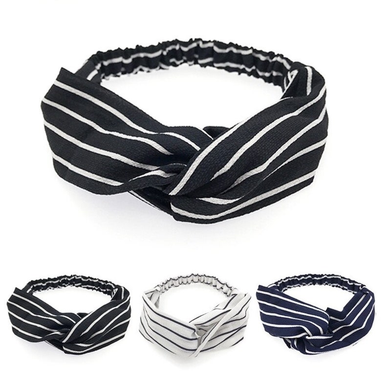 Cross Knot Elastic Hair Bands Black with White Stripe