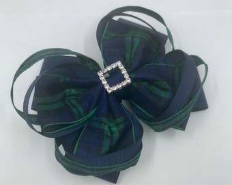 Black Watch Tartan and Navy Ribbon Double Bow with Double Loops Hair Clip