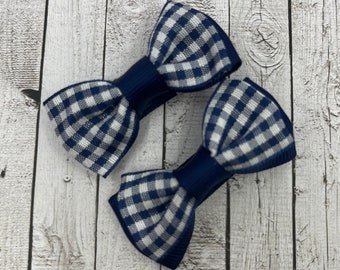 Pair of Navy and White Gingham Checked Itty Bitty Bows on Clips