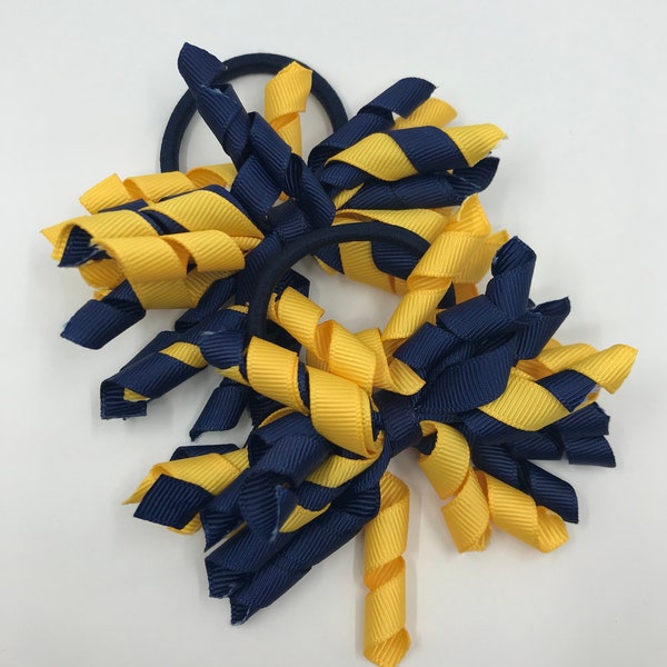 3 inch Navy and Yellow Gold Curly Corkers on Elastics (pair)