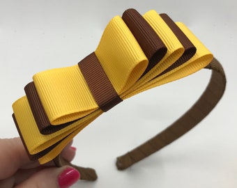 Brown Hairband with Brown and Yellow Gold 5 inch 5 Layered Straight Bow