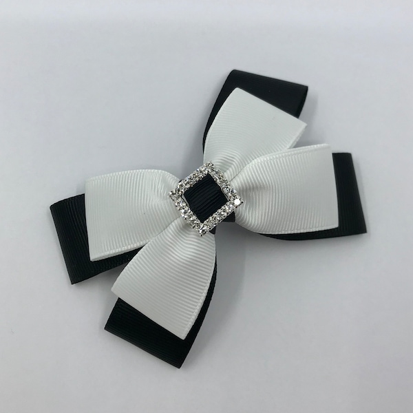 Black and White Double Layer Bow with Diamante Square Buckle on Clip