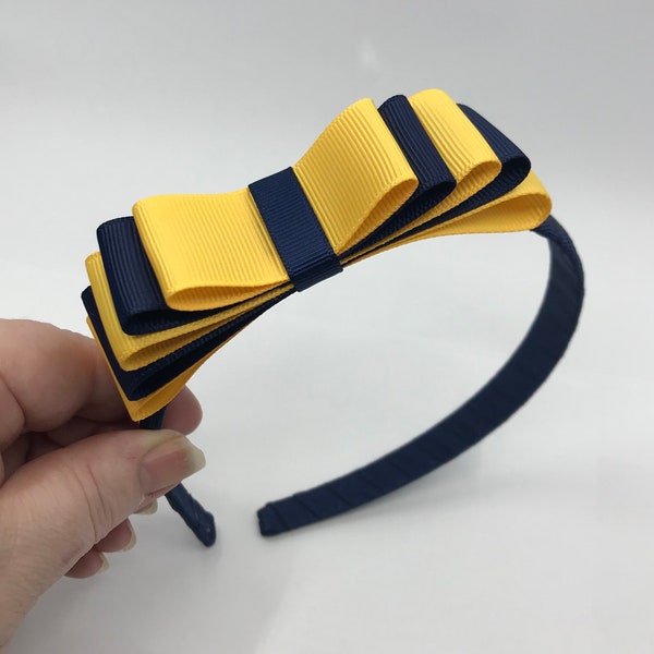 Navy Hairband with Navy and Yellow Gold 5 inch 5 Layered Straight Bow