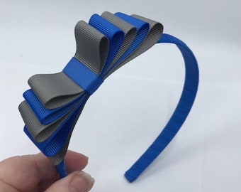 Royal Blue Hairband with Royal and Grey 5 inch 5 Layered Straight Bow