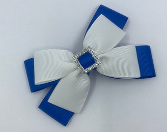 Royal Blue and White Double Layer Bow with Square Diamond Buckle on Clip