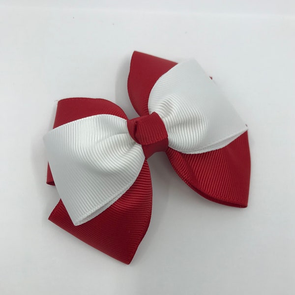 Red Double Layer Bow with White Single Top Layer and White Top Knot on Clip