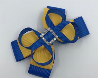 Royal Blue and Yellow Gold Double Layer Bow with Loops on Clip