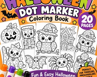 May include: A Halloween dot marker coloring book with 20 pages featuring black and white illustrations of a pumpkin, Frankenstein, an owl, a haunted house, a cat, a bat, a spider, and candy. The cover includes four colorful dot markers.