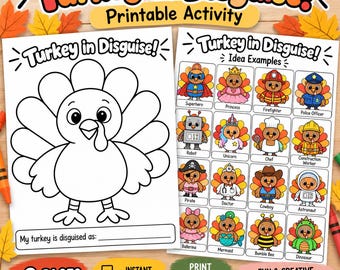 May include: A printable Turkey in Disguise activity set featuring two pages. One page shows a black and white turkey outline for coloring with the text My turkey is disguised as. The second page displays colorful turkey costume examples.