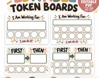 May include: Four rectangular token boards with pastel accents. Two boards feature the text I Am Working For and I can do it with five or ten circular spaces. Two boards feature First and Then sections with five or ten circular spaces.