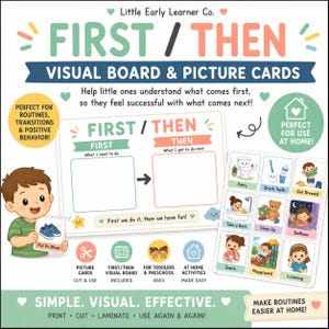 May include: A First/Then visual board and picture cards set featuring a white board with green and coral headers, a black arrow, and text including First, Then, and What I need to do. Includes nine illustrated activity cards for routines.