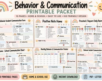 May include: A 10-page behavior and communication printable packet featuring forms like Behavior Incident Communication Form, Positive Note Home, Preschool/Daycare Daily Report, Home-School Communication Sheet, and Monthly Behavior & Communication Tracker.
