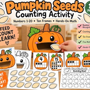 May include: A Pumpkin Seeds Counting Activity set featuring 11 pages of math materials. Includes a cardboard pumpkin box, printable pumpkin cards with numbers 1-20, ten frames, and a recording sheet. Text includes Pumpkin Seeds Counting Activity.