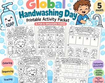 May include: A printable activity packet for Global Handwashing Day featuring five pages of black and white illustrations. The set includes coloring sheets, handwashing sequencing tasks, and tracing practice with soap and faucet graphics.