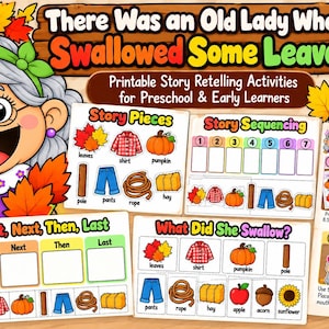Könnte beinhalten: Ein druckbares Aktivitätsset mit dem Titel There Was an Old Lady Who Swallowed Some Leaves, das eine illustrierte ältere Dame, Story-Teile, Sequenzierungsdiagramme und Anleitungen auf 9 Seiten für Vorschulkinder enthält.
