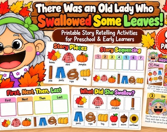 May include: A printable activity set titled There Was an Old Lady Who Swallowed Some Leaves featuring an illustrated elderly woman, story pieces, sequencing charts, and assembly instructions for preschool and early learners on 9 pages.