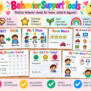 May include: A set of seven colorful behavior support tool pages featuring illustrations and text for home, school, and daycare. The pages include a First-Then board, My 3 Steps, a Token Board, My Reward Choices, a Behavior Tracker, a How Did I Do Today chart, and a Calm-Down Plan with various icons and prompts.