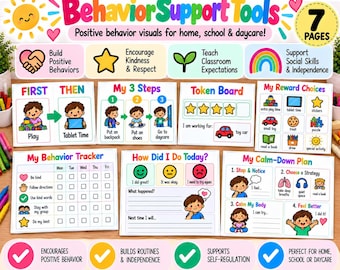 May include: A set of seven colorful behavior support tool pages featuring illustrations and text for home, school, and daycare. The pages include a First-Then board, My 3 Steps, a Token Board, My Reward Choices, a Behavior Tracker, a How Did I Do Today chart, and a Calm-Down Plan with various icons and prompts.