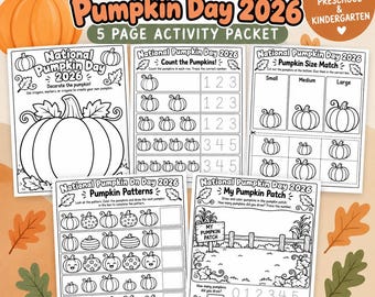 May include: A five-page activity packet for National Pumpkin Day 2026 featuring black and white worksheets with pumpkin-themed counting, size matching, pattern recognition, and coloring exercises, all presented on a light orange background.