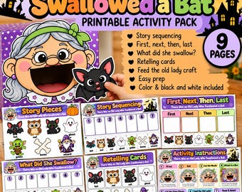 May include: A printable activity pack titled There Was an Old Lady Who Swallowed a Bat, featuring 9 pages of story sequencing, retelling cards, and a feed the old lady craft with illustrations of a bat, owl, cat, ghost, goblin, bones, and wizard.