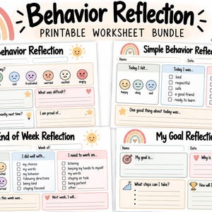 May include: A four-page printable behaviour reflection worksheet bundle featuring a rainbow graphic, sun icon, and text including Behaviour Reflection, Simple Behaviour Reflection, End of Week Reflection, and My Goal Reflection with various prompts and emoji faces.