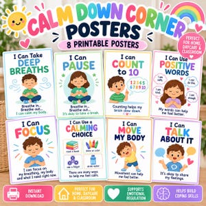 Op de afbeelding: Een set van acht printbare posters met de titel Calm Down Corner Posters. Elke poster bevat cartoonillustraties van kinderen en tekstinstructies voor emotionele regulatie, waaronder zinnen als I Can Take Deep Breaths en I Can Count to 10.