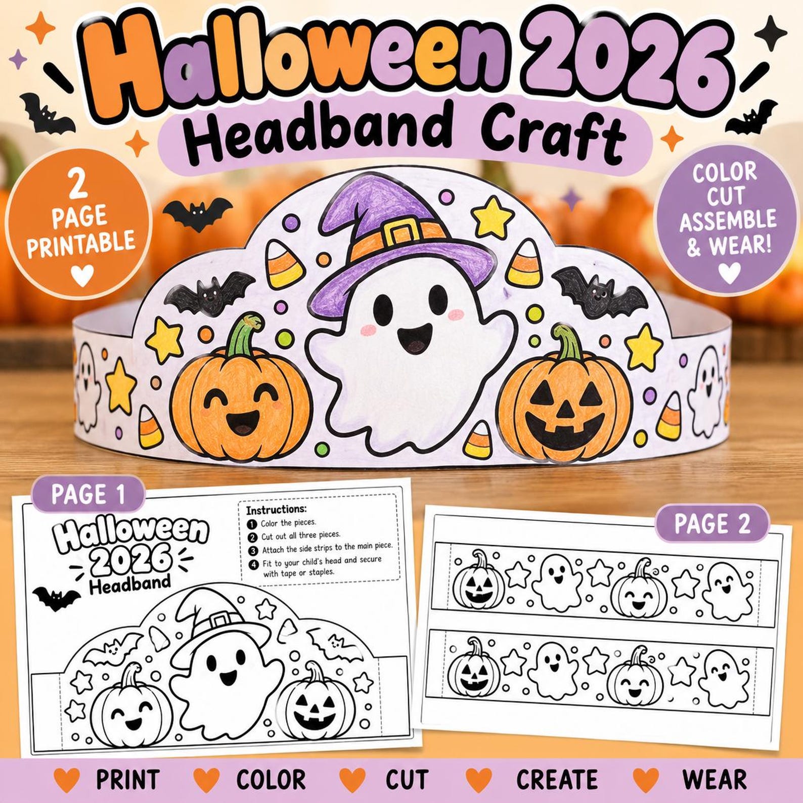 A Whole Halloween Scene Across the Crown Halloween coloring crown preview with ghost, pumpkin, witch hat and stars.