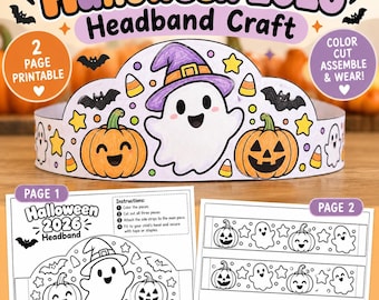 May include: A Halloween 2026 headband craft printable featuring a colored paper headband with a ghost in a purple hat, orange pumpkins, bats, and candy corn. Includes two pages of black and white templates with instructions to print, color, cut, and assemble.