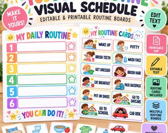 May include: A toddler routine visual schedule set featuring a daily routine board with six numbered slots and a routine card board with illustrated tasks. Includes individual cards for activities like wake up, potty, brush teeth, and eat breakfast.