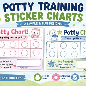 May include: Two printable potty training sticker charts featuring a ten-circle grid, a cartoon toilet, and a reward section. The left chart is pink with a gift icon, and the right chart is blue with a star icon. Text includes Potty Chart!
