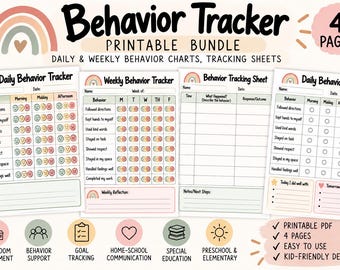 May include: A printable behavior tracker bundle featuring four pages of daily and weekly charts. Each page includes a rainbow graphic and text such as Behavior Tracker, Daily Behavior Tracker, and Weekly Behavior Tracker with columns for tasks.