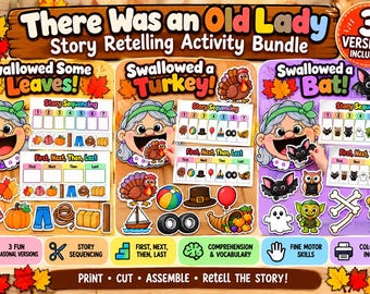 May include: A digital activity bundle titled There Was an Old Lady Story Retelling Activity Bundle featuring three versions: Swallowed Some Leaves, Swallowed a Turkey, and Swallowed a Bat. Includes story sequencing cards, character cutouts, and text.