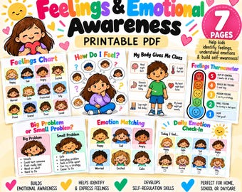 May include: A seven-page printable PDF set titled Feelings & Emotional Awareness featuring colorful illustrations of children, a feelings chart, a thermometer, and emotion matching activities to help identify and understand various emotions.