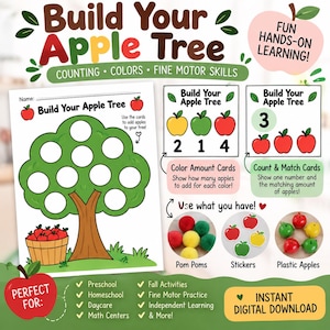 Op de afbeelding: Een printbaar educatief werkblad getiteld Build Your Apple Tree met een illustratie van een groene boom met lege cirkels om te tellen, kleurkaarten, telkaarten en voorbeelden met pompons, stickers en plastic appels.