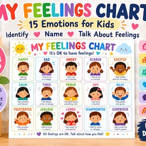 Può includere: Un poster My Feelings Chart per bambini con 15 emozioni illustrate, etichette e definizioni. Il grafico include personaggi dei cartoni animati colorati che rappresentano sentimenti come felice, triste, arrabbiato ed eccitato, con il testo It's OK to have feelings.
